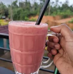 Refreshing strawberry smoothie at River Queen, a top lakeside cafe in Shantimogaru